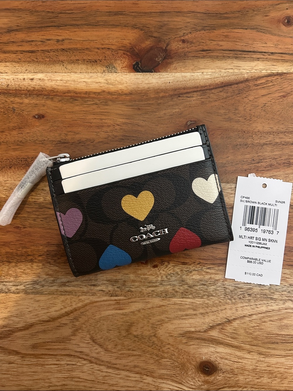 Coach Brown Card Case with Multicolor Heart Print